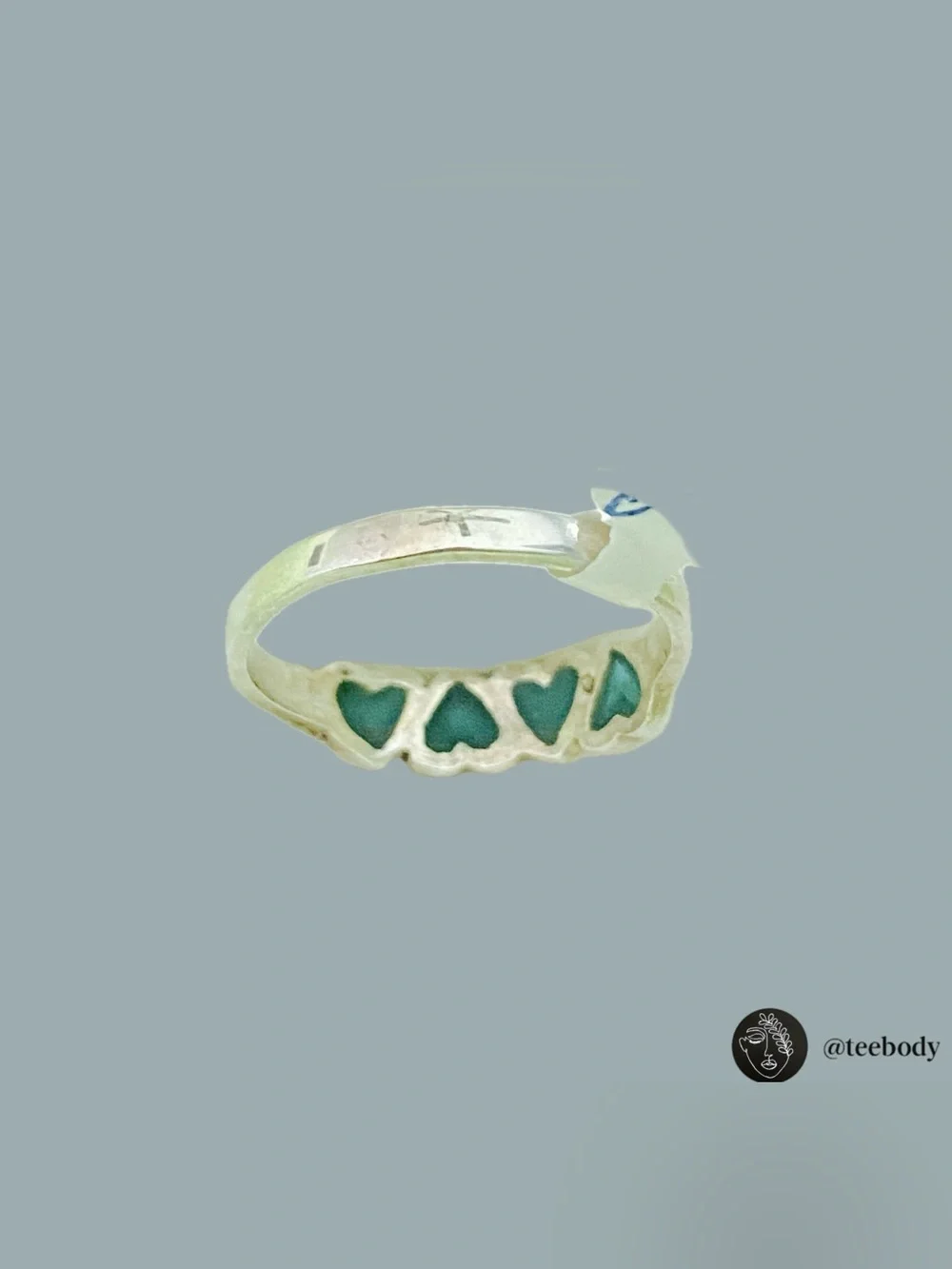 VTG Navajo Turquoise Sterling Silver 4 Hearts Inlay Band Ring NWT Size 7